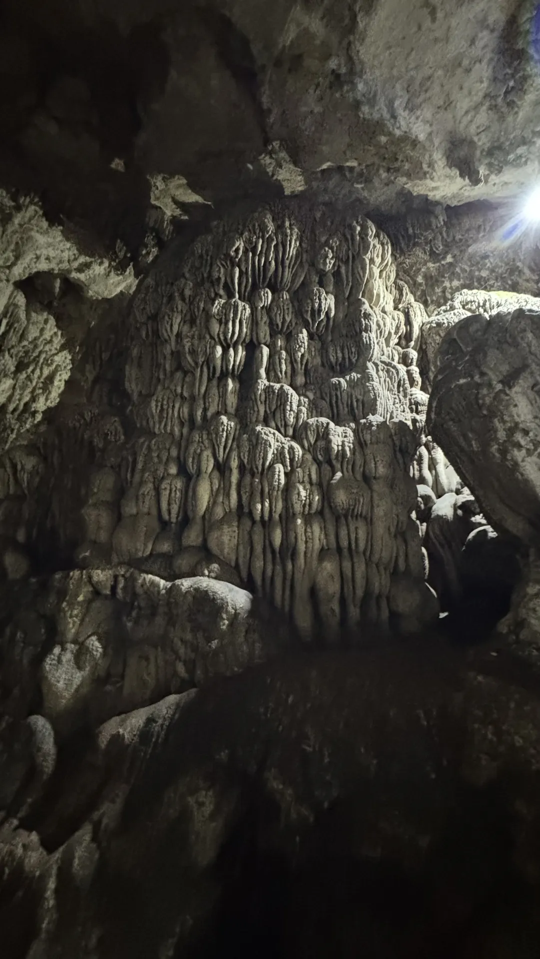 Formación de estalactitas iluminada en las Grutas del Mamut